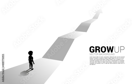 Silhouette of boy standing on route with growth arrow. Concept of education solution and future of children.