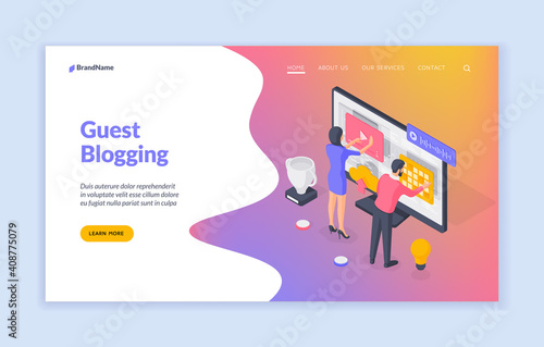 Banner of guest blogging website. Banner template. Isometric vector illustration