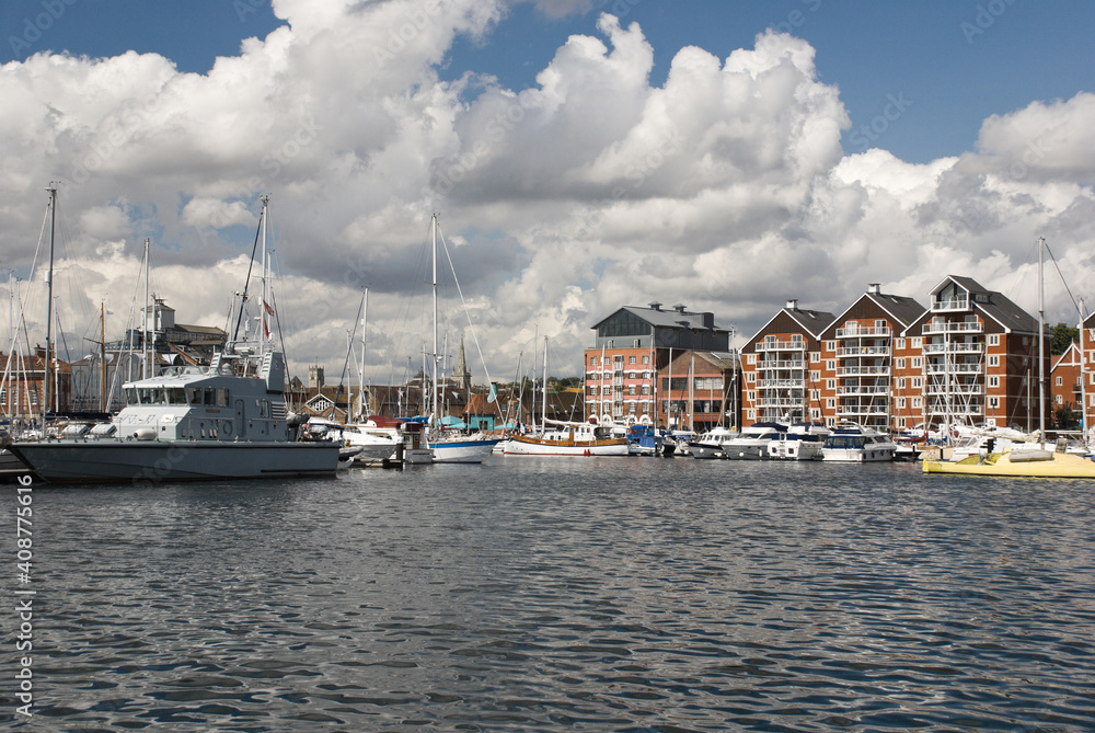 Ipswich waterfront marina on sunny day