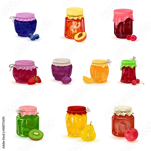 Collection of berry fruit jams, canned sweet food product, dessert for tea. Vector blueberry, apricot, raspberry, plum, orange, cherry, kiwi, peach, pear and apple flavor idea isolated on white