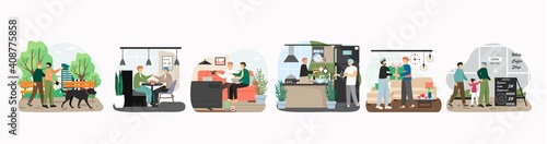 Happy lgbt gay couple in different situations, concept vector illustration. Homosexual men walking dog, cooking, watching movie together. LGBT people with child go to cafe