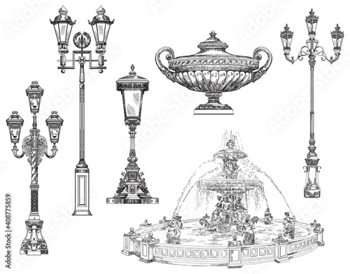 Vector set of decorative architectural elements lamps