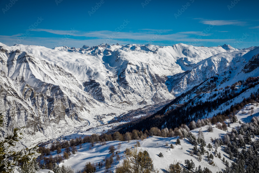 Bird's eye view of Queyras and the village of Crevoux, Hautes Alpes, France
