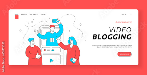 Couple watching vlog on smartphone. Banner template. Flat line vector illustration
