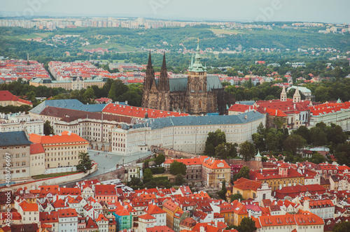 Panoramic view of Prague from the Observation Tower at Petrshin hill. St. Vitus Cathedral photo