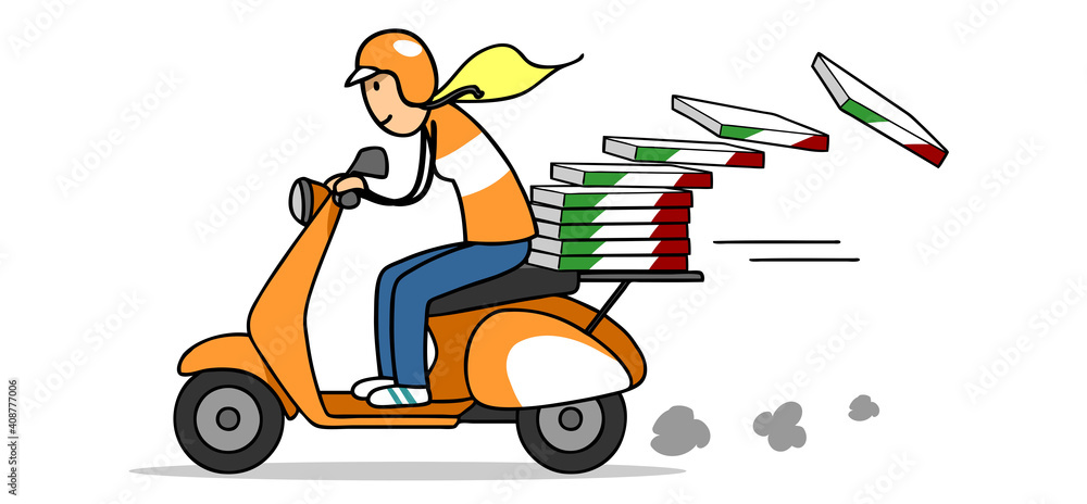 Frau als Moped Fahrer bei Pizza Lieferservice Frau als Moped Fahrer bei Pizza Lieferservice