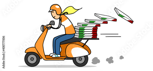 Frau als Moped Fahrer bei Pizza Lieferservice