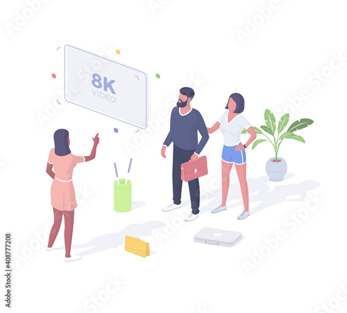 People watching video in 8k resolution isometric vector. Male and female characters gaze in admiration ultra clear images.