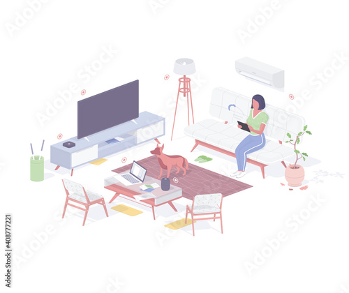 Woman customize smart home technology isometric concept. Female character with innovation tablet checks capabilities.