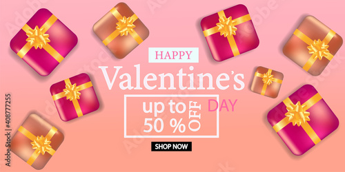 Beautiful banner with gifts in realistic styles. Discount coupon up to 50% percent. Banner dedicated to Valentine's Day.