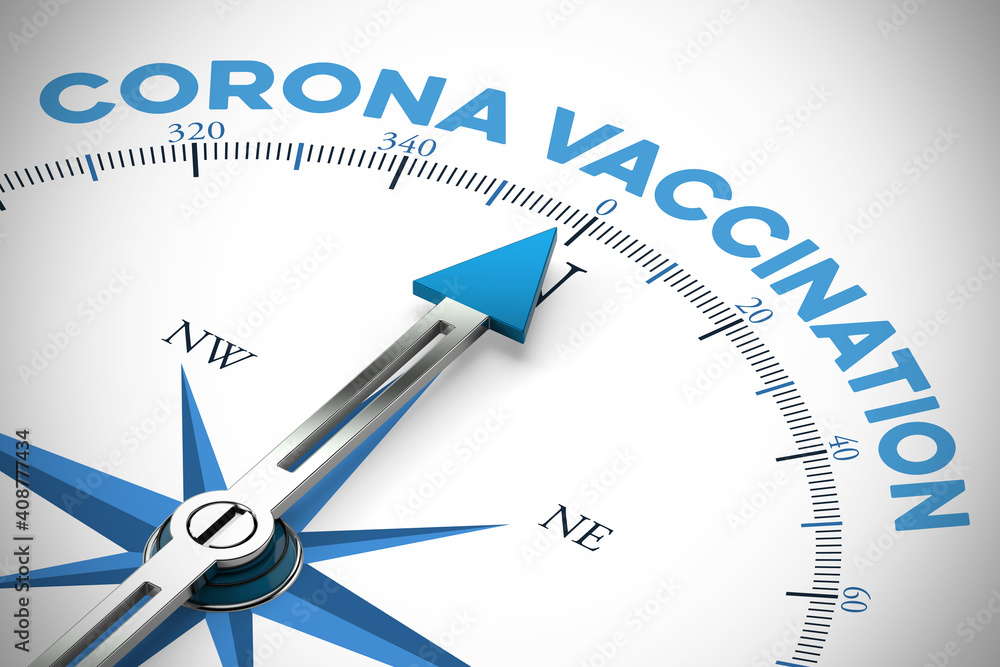 Kompass zeigt auf Schriftzug Corona Vaccination Kompass zeigt auf Schriftzug Corona Vaccination
