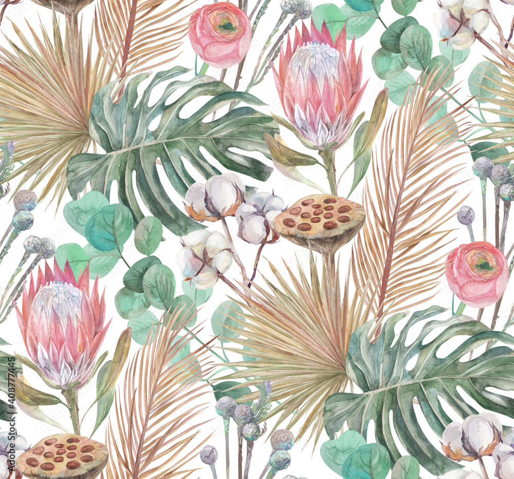 Fototapeta a modern boho style pattern tropical dried flowers and a proteus flower are painted in watercolor with sprigs of cotton a turquoise background