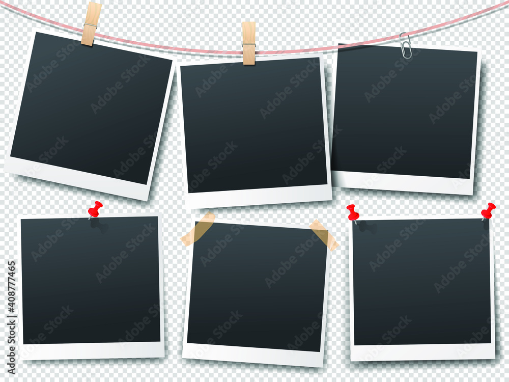 A collection of six photo frames hanging on clothespins on a string ...