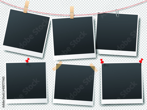 A collection of six photo frames hanging on clothespins on a string, isolated on a transparent background. Realistic photo frame templates. Vector illustration
