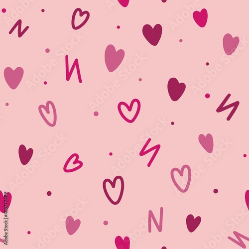 Seamless romantic pattern of doodle hearts on a pink background. Vector bright background from different colors of hearts and dots for textiles, printing. © Valentyna Shpak