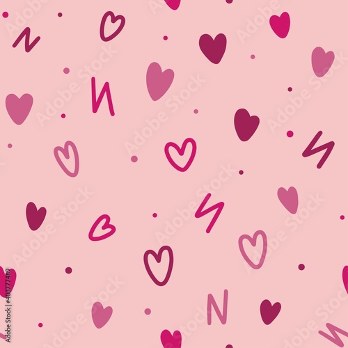 Seamless romantic pattern of doodle hearts on a pink background. Vector bright background from different colors of hearts and dots for textiles, printing.