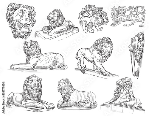 Vector set of decorative architectural elements stone lions