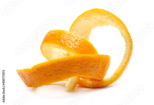 Swirly orange peel isolated on white background