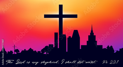 Christian cross and big city. Christian postcard, greeting card. Quote from psalm 23. Flat vector illustration.