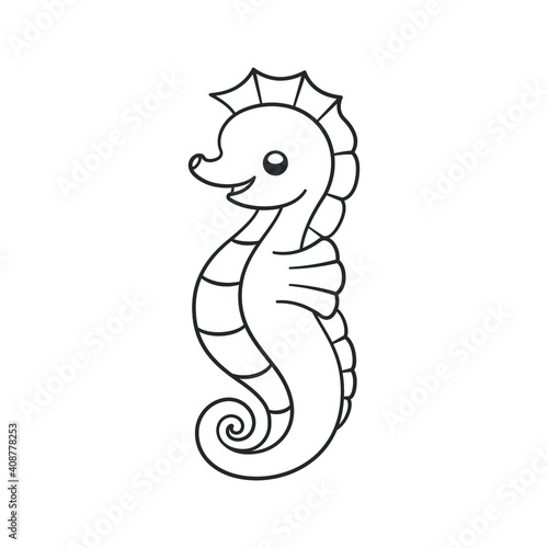 Cute happy seahorse cartoon character outline. Clipart vector illustration. Simple easy coloring book activity page for kids.