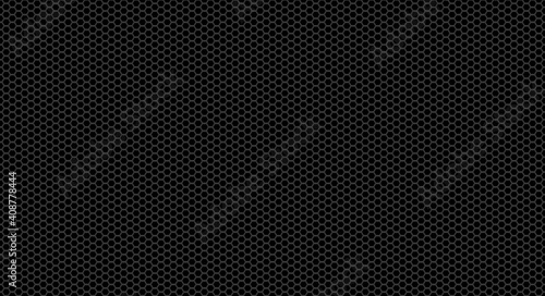 Vector metal hexagonal grid background. Black metal texture steel background. Perforated sheet metal. Black technical background. 3D realistic vector illustration.