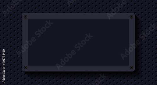 Black nameplate, transformer. Black metal texture steel background. Perforated sheet metal. Black technical background. 3D realistic vector illustration.