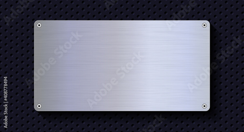 Aluminum metal plate. Realistic shiny metal banner. Black metal texture steel background. 3D realistic vector illustration.