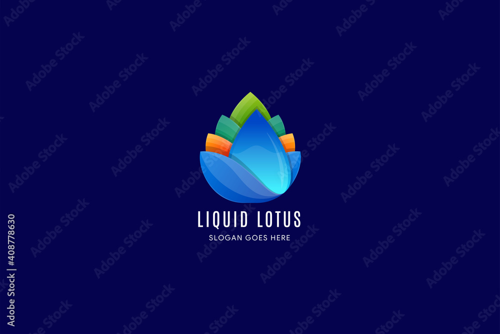 colorful water lotus logo template design isolated on blue background.