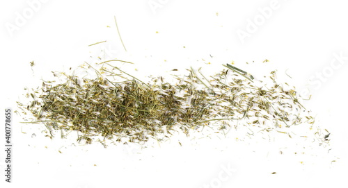 Dried and crushed dill with yellow flowers and petals pile isolated on white background, organic texture top view
