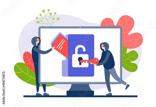 Hackers hack and steal web information flat vector illustration. Characters in hoods open virtual protection take away folder with personal data.
