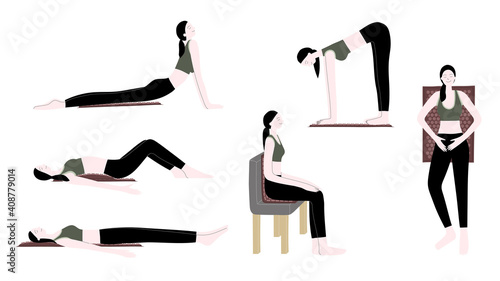 Vector flat hand drawn illustration set with women use an applicator massage mat for home self-massage, exercise, stretching and muscle relaxation. Acupressure, acupuncture, healthy body
