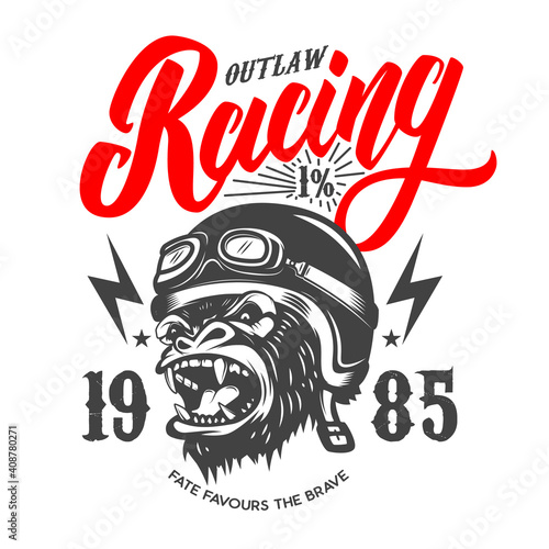Outlaw Racing. Emblem template with cartoon racer gorilla. Design element for logo, label, sign, emblem, poster. Vector illustration