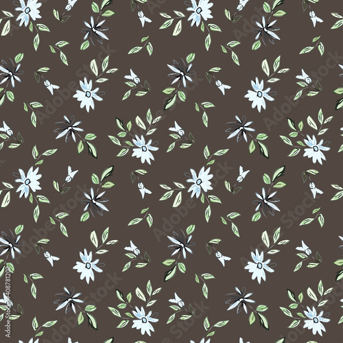 Drawing depicting blue flowers with leaves on a brown background.