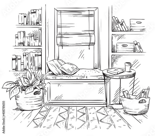 line interior sketch, a cozy window seat with bookshelves on the side, black and white drawing