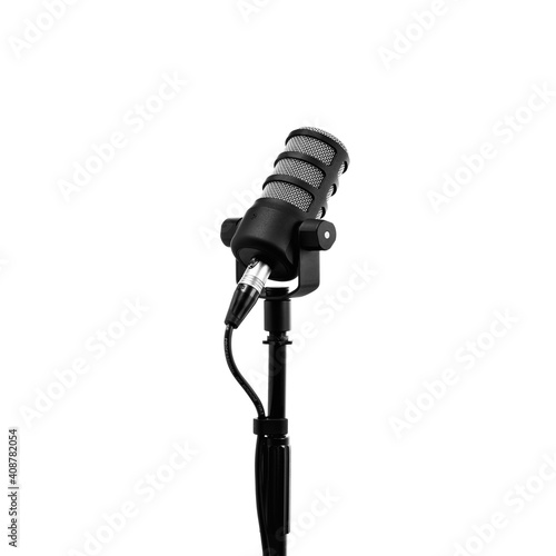 Podcast microphone on a tripod, a black metal dynamic microphone on an isolated white background, for recording podcast or radio program, show, sound and audio equipment, technology, product photo