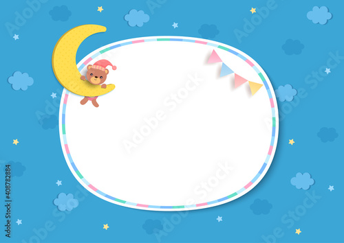 Illustration of teddy bear on frame with lullaby background.