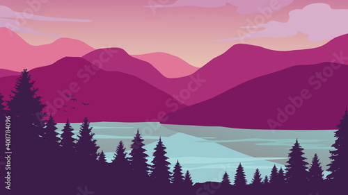 Background landscape lake, forest and mountain. Vector illustration