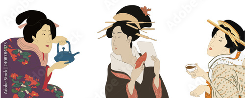 Geisha in kimono, woman in japan, traditional art style vector illustration. Japanese asian culture, beautiful fashion dress. Geisha serving chinese tea.