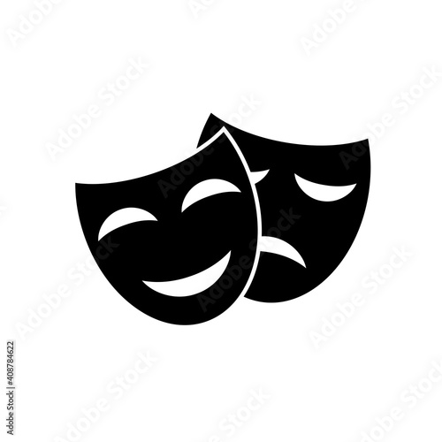Comedy and tragedy masks. Happy and unhappy traditional theater symbol icon. Vector illustration in a flat style.