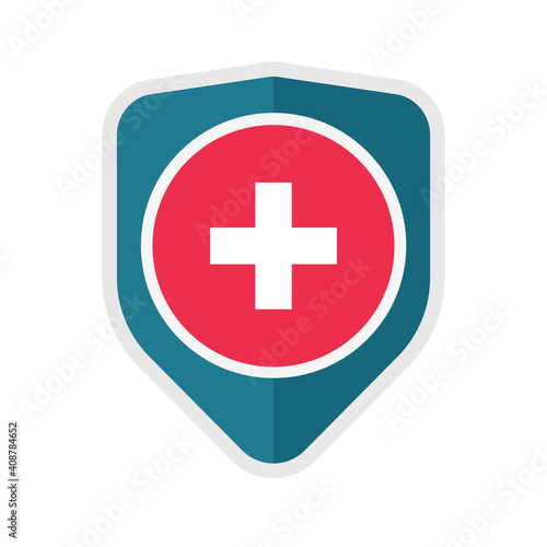 Medical healthcare protection icon concept vector flat cartoon illustration, medicine heath cross plus with shield sign, idea of pharmacy insurance badge, clinical defence or guard symbol isolated