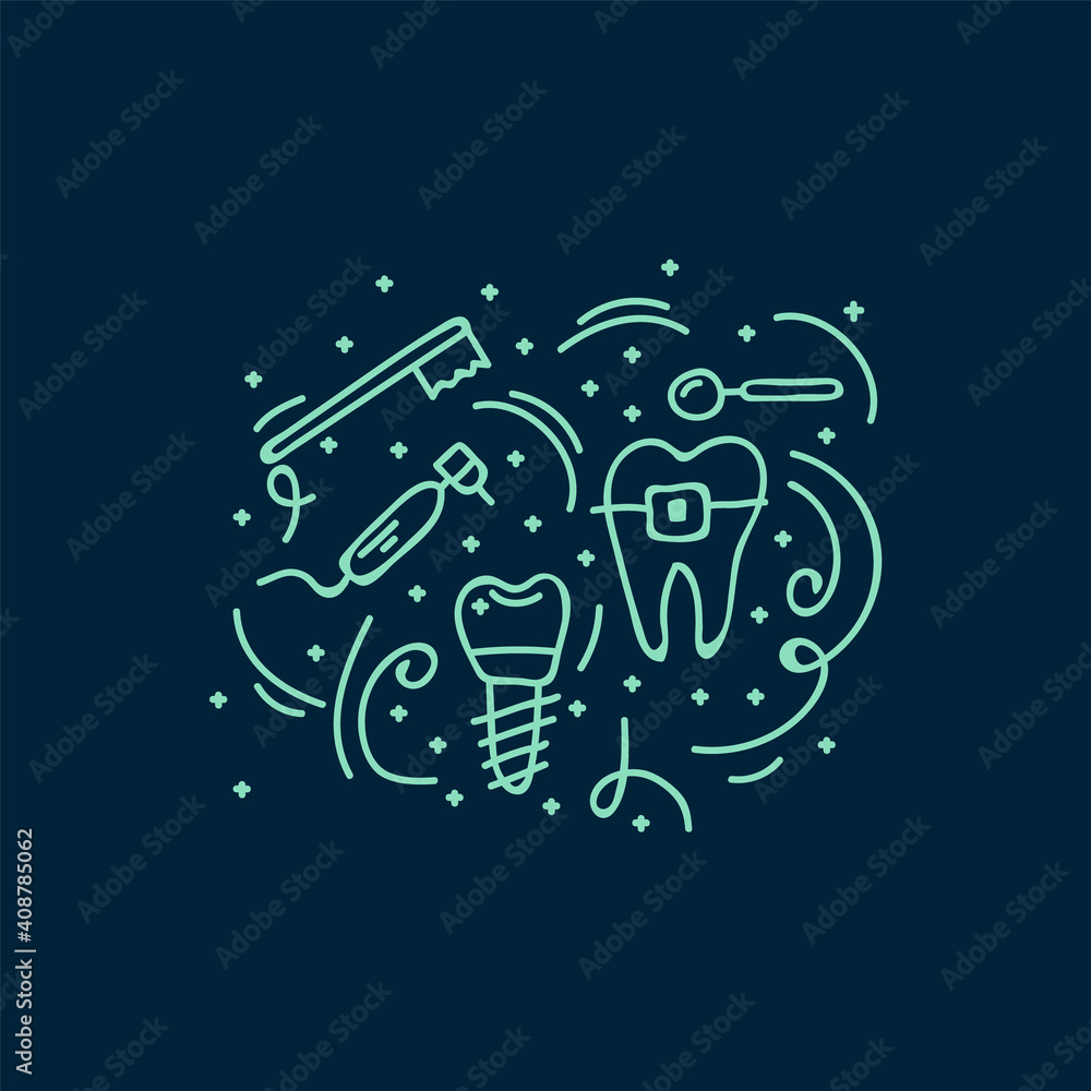 Background hygiene and brushing your teeth. Hand-drawn poster of a toothbrush, toothpaste and dental floss, teeth. The concept of care for the oral cavity. Vector illustration - obrazy, fototapety, plakaty 