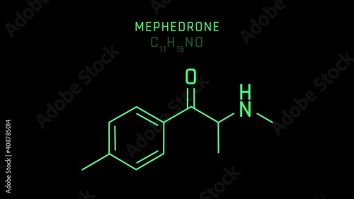 Mephedrone also known as 4-methyl methcathinone or 4-MMC or 4-methyl ephedrone Molecular Structure Symbol Neon Animation on black background photo