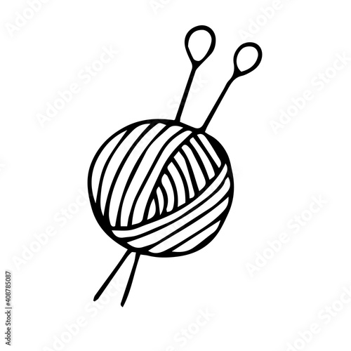 Skein of thread for knitting and knitting needles, vector doodle illustration, sketch