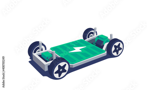 Modern electric car chassis design battery modular platform skateboard module pack board with wheels. Vehicle components battery cell pack, motor powertrain, controller. Isolated vector illustration.