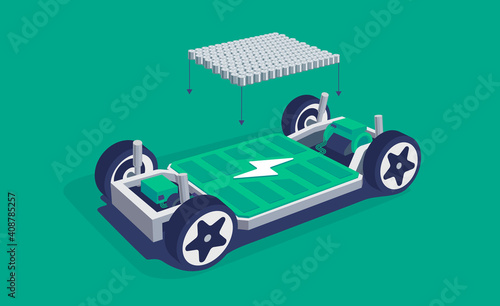 Modern electric car chassis design battery modular platform skateboard module pack board with wheels. Vehicle components battery cell pack, motor powertrain, controller. Isolated vector illustration.