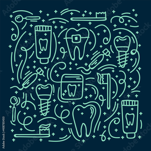 Background with dental cleaning tools. Doodle poster Toothbrush, toothpaste and dental floss, teeth. Hand-drawn pattern in morning hygiene. The concept of oral care. Vector illustration