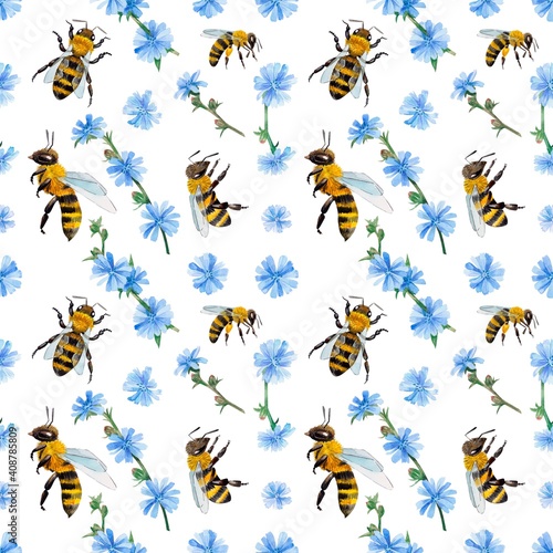 Watercolor pattern with bees and wasps and chicory flowers. Suitable for printing on fabrics and packaging paper. Bright and juicy. © Art SEA