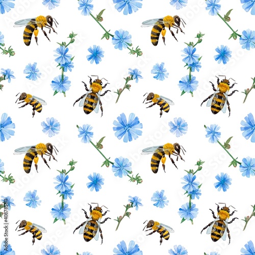 Watercolor pattern with bees and wasps and chicory flowers. Suitable for printing on fabrics and packaging paper. Bright and juicy.