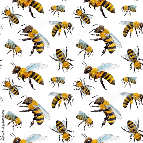 Watercolor pattern with bees and wasps. suitable for printing on fabrics and packaging paper. Bright and juicy. © Art SEA