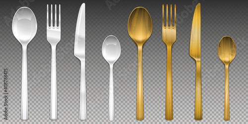White plastic and wooden cutlery isolated on transparent background. Vector realistic set of flatware, reusable bamboo fork, spoon and knife, disposable plastic tableware